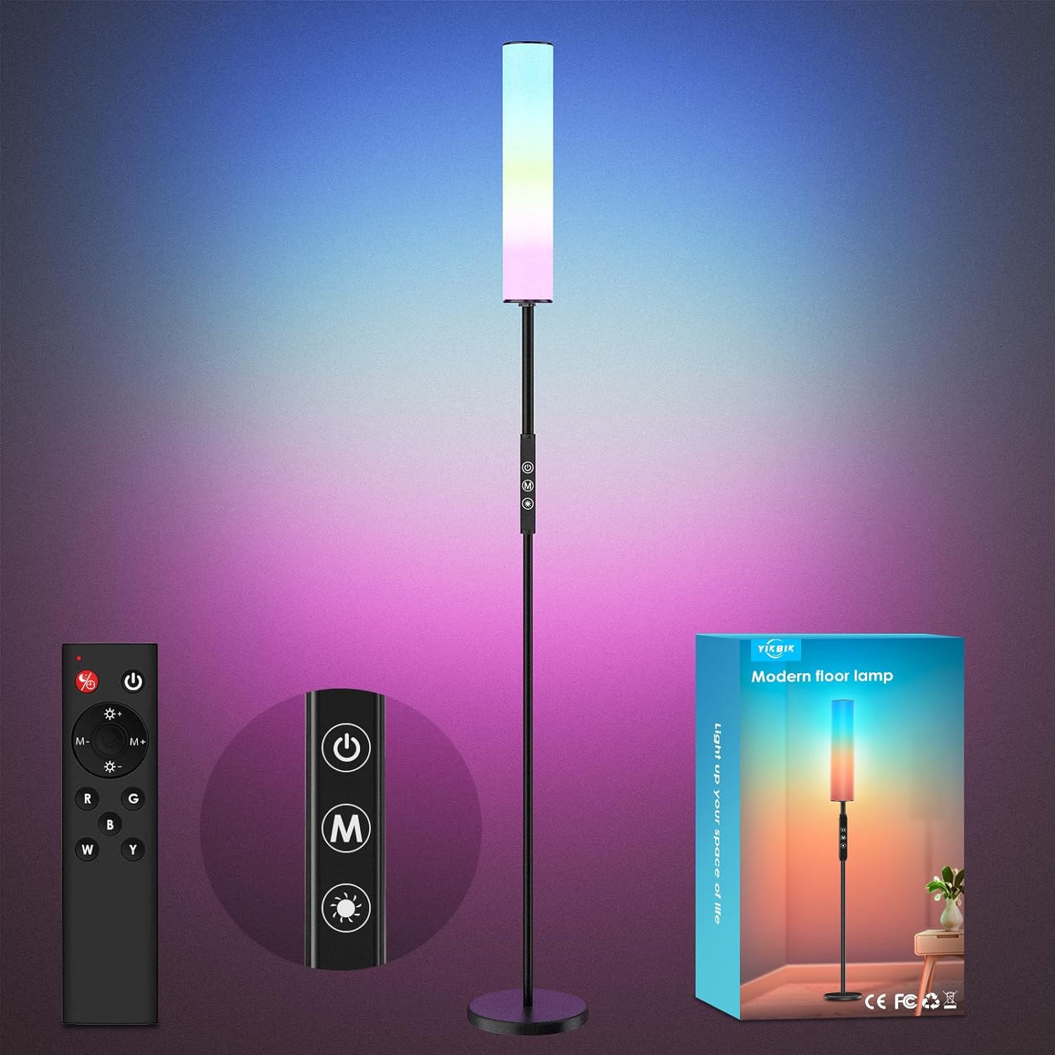 RGB Corner Floor Lamp, 20W LED Corner Lamp RGBW 2000K-6000K 3 Colors Temperature Dimmable, 65&amp;quot; Tall Standing Lamps with Remote Touch Switch